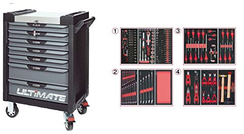 KS Tools - 816.7241 - Servante d'atelier complète ULTIMATE 7 tiroirs equipée de 241 outils - caisse à outils complète - Couleur noir et grise - plateau inox - porte flacons