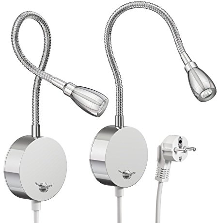 ledscom.de 2 Stück LED Leselampe/Wandleuchte HAN, Schwanenhals, Schalter, Stecker, chrom glänzend, weiß