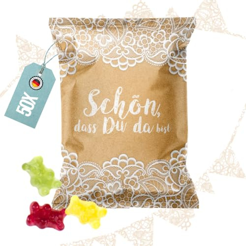 Logbuch-Verlag 50 Gummibärchen Gastgeschenke Kraftpapier Spitze Schön dass Du da bist kleines Willkommensgeschenk Gäste