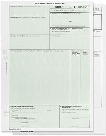 EUR.1 Warenverkehrsbescheinigung - 50 Stück Formulare für Laserdrucker | EUR.1 Exportdokumente, 2-fach, Blatt 1 und 2 lose im Wechsel, mit Nummerierung, DIN A4 für Laser- und Inkjetdrucker, 821731