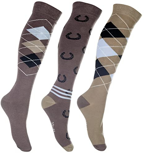 HKM Cardiff Chaussette d'équitation femme, Marron/beige, taille 30-34, lot de 3 paires