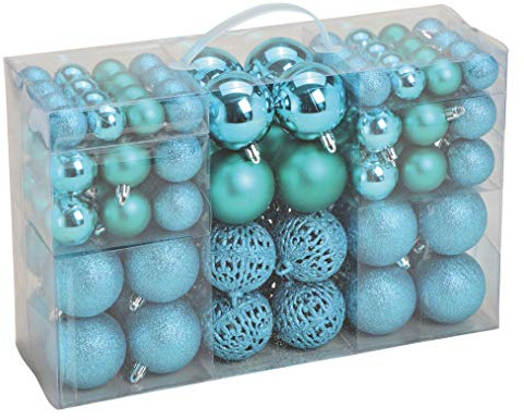 Kunststoff Christbaumkugel Set 100-teilig bruchsicher - türkis | Weihnachtskugeln inklusive Metall Haken - Weihnachtskugeln Deko Schmuck Anhänger für Weihnachtsbaum Christbaum Tannenbaum