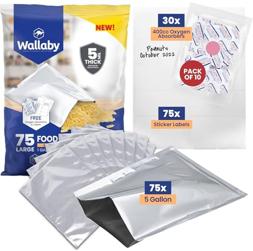 Wallaby 75 x 1-gallon Mylar väskpaket – mylar påsar, 80 x 400 cc syreabsorberande, 80 x etiketter – värmeförseglingsbar, livsmedelssäker och tillförlitliga långsiktiga matförvaringslösningar – silver