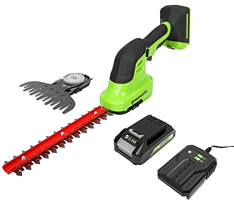 Cisaille sculpte-haies & taille-herbe de 120mm à batterie 2Ah 2en1 Greenworks G24SHTK2 (Li-Ion 24V 2400 coups/min épaisseur 8mm taille-haie de 20cm avec chargeur