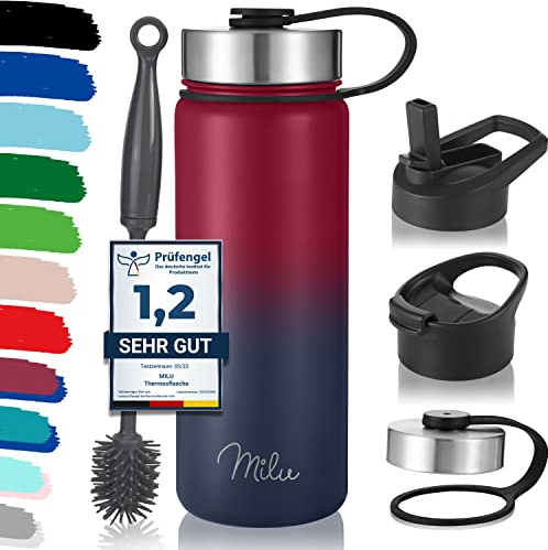 Milu Edelstahl Trinkflasche 500ml, 750ml, 1L (+3 Deckel) Thermosflasche mit Strohhalm, Isolierte Wasserflasche, Auslaufsichere Isolierflasche doppelwandig, Kohlensäure geeignet (Berry Blau, 0,5L)