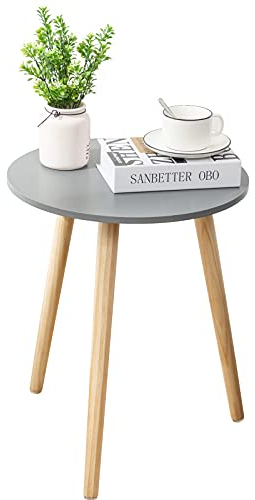 YOUDENOVA Beistelltische Holz, Couchtisch rund, Ø42x52cm, Wohnzimmertisch, Nachttisch mit Tablett, Sofatisch, Blumenständer, robust, Grau/Natur