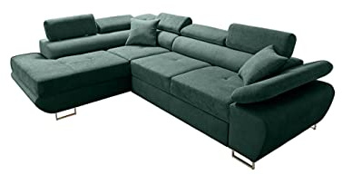 Robin Inspire Saturn Premium Ecksofa mit Schlaffunktion Links Flaschengrün | L-Form Ecksofa mit Schlaffunktion, Bettkasten, verstellbaren Kopfstützen, Kissen und freistehendes Schlafsofa fürs Wohnzimmer