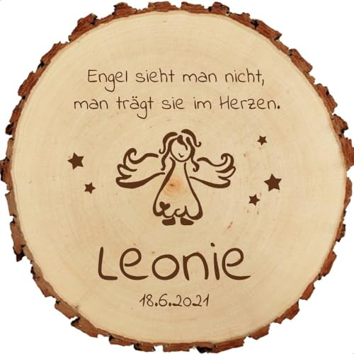 Baumscheibe 18cm mit Gravur (Name, Datum) personalisierte Holz-Gedenktafel Sternenkind, Grabschmuck, Trauer Andenken an verstorbene Kinder, Gedenkschild, Grab-Dekoration, Engel Sternen MotivTR2