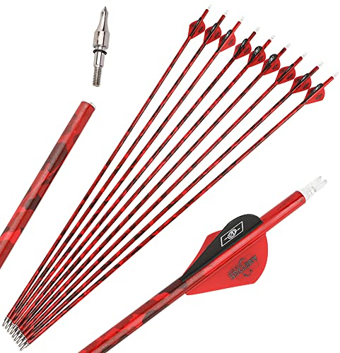 SHARROW Bogenschießen Carbonpfeile 30 Zoll Carbon Pfeile Jagdpfeile Spine 500 Camo Pfeilschäfte aus Carbon Bogenpfeile für Compound Recurve Bogen (12 Stück, Rot)