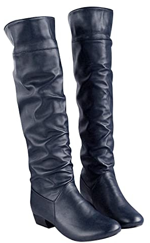 oiangi Boots for Women Knee High 2022 Fashion Casual Round Toe Pleated Block Chunky Low Heel Boots Winter Elegant Solid Comfy Outdoor Ladies Shoes