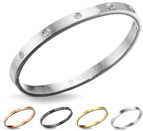 inSCINTILLE Schmuck Damen Armreif Edelstahl Zirkonia einfache Stil Liebe Armband 4/6/8mm mit Schließe Armspange Gravur, Gold/Silber/Schwarz, Inklusive Geschenkbox