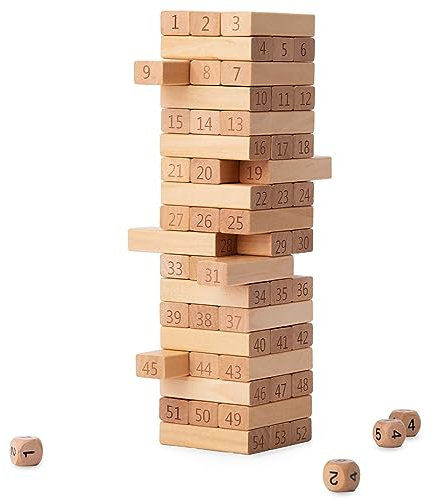 mamabrum Holzkunst Turm Set mit 54 Holzklötzchen, 4 Holzwürfel - Lernspielzeug für Zahlen & Geschicklichkeit - Stapelspiel für Kinder ab 3 Jahren (58 Teile)