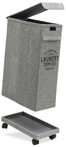 DuneDesign 20 cm Schmaler Wäschekorb mit Rollen - 50L Stabiler Holzrahmen - 20x40x60 Wäschesammler Schmal - Wäschetonne mit Deckel Grau - Wäschebox für Schmutzwäsche - Wäsche Nischenregal 20 cm Breit