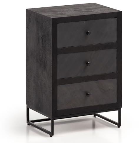 FineBuy Nachttisch aus Mango Massivholz Schwarz mit Fronten in Steinoptik und 3 Schubladen – Design Nachtkonsole, Nachtschrank für Boxspringbett - Nachtkästchen 40x60x30 cm