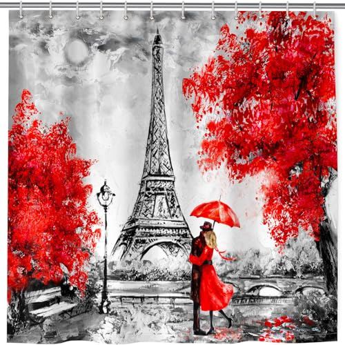 ANHOPE Ölgemälde Paris Eiffelturm Duschvorhang Wasserdicht Anti-schimmel Polyester Stoff Duschvorhänge 180 x 180 cm Shower Curtains Waschbar Bad Vorhäng für Badzimmer mit 12 Haken