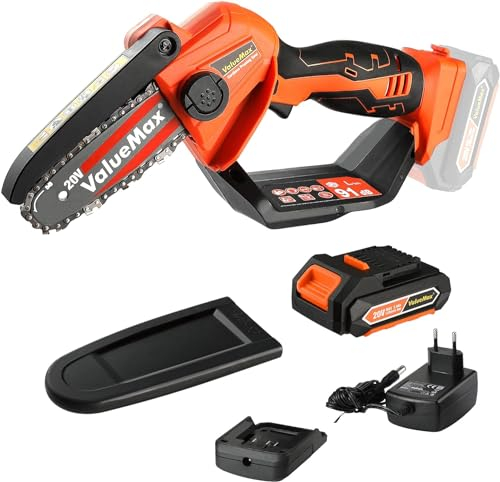ValueMax Mini Motosega a Batteria da 20 V, con Batterie da 2,0 Ah, Motosega Elettrica a Batteria, Capacità di Taglio Massima di 11 cm, 3000 giri/min per Taglio del Legno, Potatura da Giardino