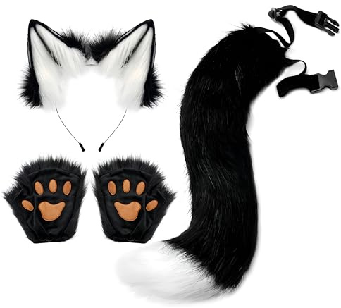 Proumhang 3 Stück Tierohren Stirnband Schwanz Pfote Handschuh Set,Fuchs Katze Cosplay Für Frauen,Halloween Verstellbarer Pelziger Fuchsschwanz Kostüm für Kinder & Erwachsene Weiß&Schwarz