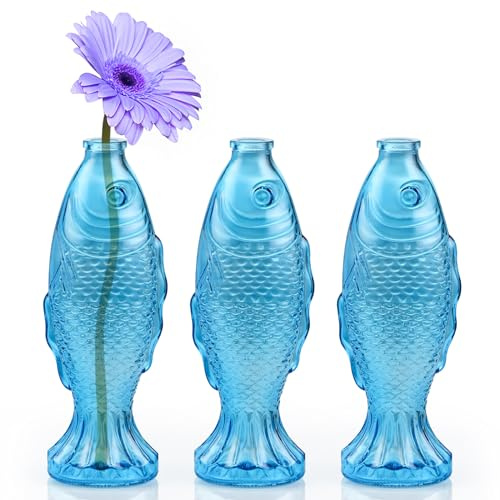 BIMUYI Fish Shaped Bottle, Fish Carafe with Wooden Stopper, Flower Decorative Vase, Pack of 3, 500ml Capacity