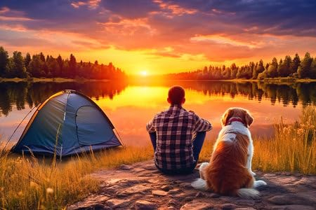 Holz-Bild 140 x 90 cm: Ein Mann und ein Hund sitzen bei Sonnenuntergang am Ufer eines Sees. Hochwertiges Foto (216075605)