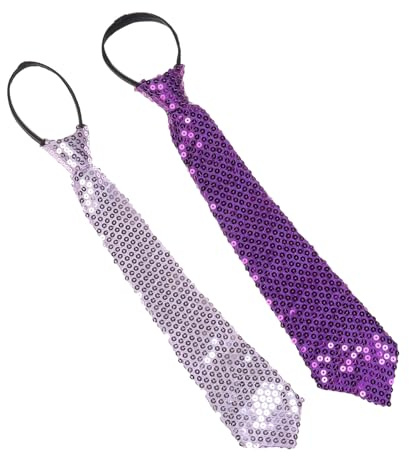 NiceYnn 2pcs Sequined Zipper Ties for Men, Glitter Sparkly Paillette Adjustable Pre-Tied Zip Necktie, Shinning Sequins Dance Party Magic Show Stage Performance Costume Tie Lilac + Purple