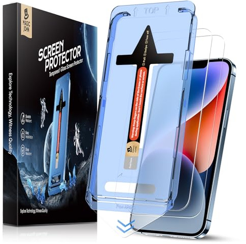 MAGIC JOHN Protector Pantalla para iPhone 13/13Pro/14/16e/17e, 2 Unidades, Cristal Templado 9H+, Alineación Automática para Una Instalación Rápida, Sin Burbujas, Antigolpes, Antiraya, HD Claro