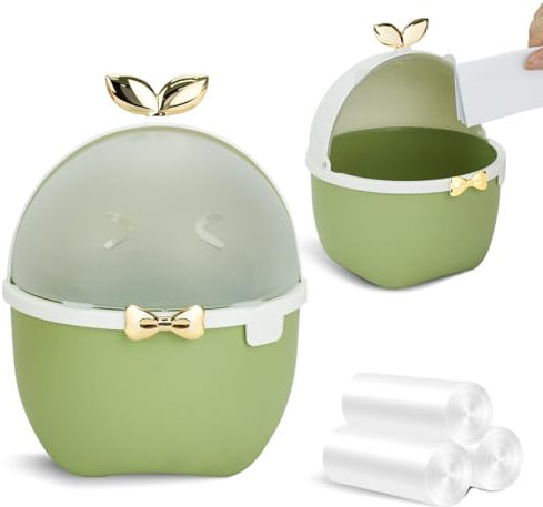 Mini Poubelle de Bureau avec Couvercle, Mignon Poubelle de Table et 3 Rouleaux de Sacs Poubelles, Animaux de Dessin Animé Corbeille Papier pour WC Enfant Voiture Cuisine, 19.5 * 15 * 15cm (Vert)