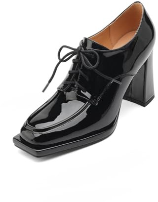 TinaCus Zapatos de tacón alto Oxford hechos a mano de charol con puntera cuadrada y cordones para mujer