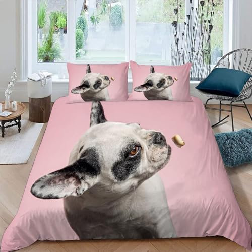 DILANI Französische Bulldogge Bettwäsche-Set 155x220cm Hund Tier 3D-Druck Weiche Mikrofaser 3 Teilig Bettbezüge mit Reißverschluss und 2 Kissenbezüge 80 x 80 cm für Erwachsene Kinder