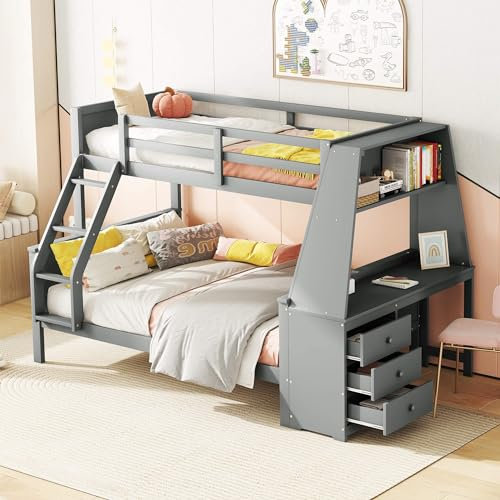 YCYDHDM Etagenbett 90 x 200 und 140 x 200 cm mit Schreibtisch und 3 Schubladen, Doppel Hochbett Kinderbett mit Lattenrost und Bücherregal, Bettgestell mit Rausfallschutz, Ohne Matratze, Grau
