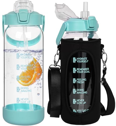 Seekua 1.5l Glasflasche | Trinkflasche Glas mit Strohhalm & Zeitmarkierung, Auslaufsicher 1.5 liter Große Wasserflasche Glas für Smoothie, Kohlensäure Geeignet, Spülmaschinenfest