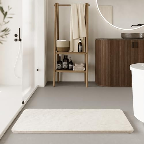 WECONhome Basics Emil Badteppich, 70 x 120 cm, Creme beige | eleganter Badteppich, Rutschfest, waschbar und super weich, Ideal für ein modernes Bad