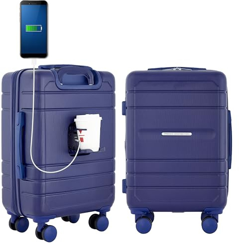 French Connection St. Martin Carry-On Luggage with Cup Holder/USB Ports, Blue Depths