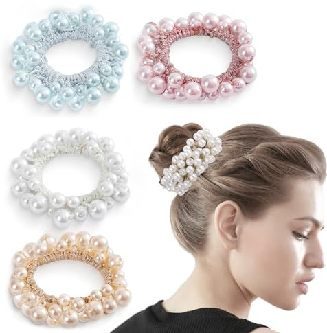 QZKJQDD Haargummis, Perle Haargummi Damen, Modischer Pferdeschwanz-Haarschmuck für Damen, Geeignet für Haarschmuck für Frauen, Mädchen, Damen und Kinder (4 Stück)