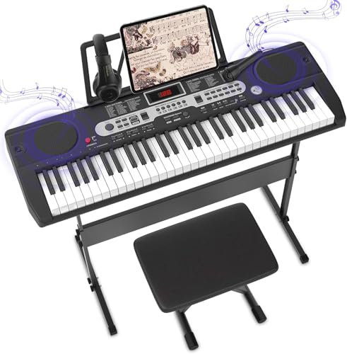 Klaviertastatur für Anfänger Kinder 3–8 Jahre, 61-Tasten E-Keyboard mit Ständer, Hocker, Mikrofon, Kopfhörer, LED-Anzeige, Lautsprecher, Lehrmodus – Elektronisches Keyboard Set