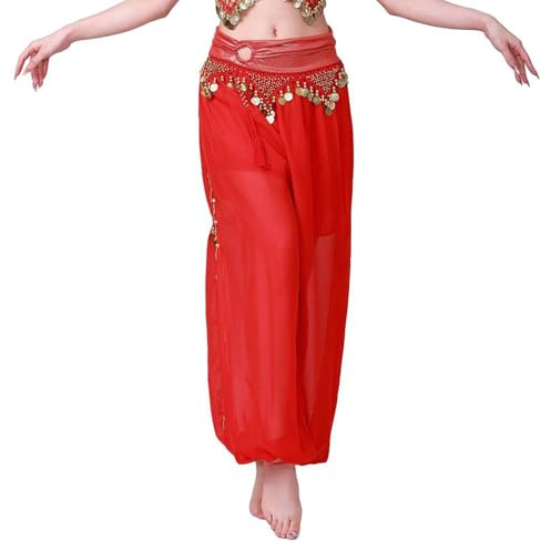 Hotfiary Frauen Bauchtanz Haremshosen, Seite Split Goldene Münze Quaste Chiffon Laterne Hose, Tribal Dance Kostüm Baggy Hosen, Arabisch Halloween Cosplay Outfit