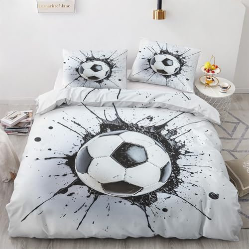 Housse de Couette 140x200 Football - Decoration Football, Parure de Lit 1 Personne Imprimée Garçon Sports, Linge de Lit en Microfibre Douce avec Fermeture éclair, 1 Taie d'oreiller 65x65 cm W&*103