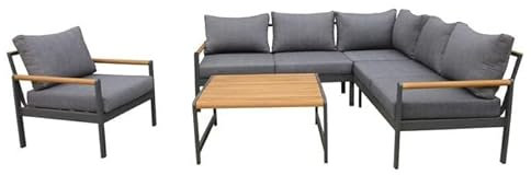 OUTLIV. Ecklounge Sina, wetterfest, Aluminium, Akazienholz, 5-Sitzer, Kissen grau, Tisch 80x80 cm, Lounge-Set für Balkon & Garten, grau/anthrazit/Natur
