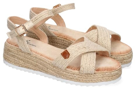 shoes&blues.es Sandalias para Mujer de Verano de Yute, Diseno Elegante, Cierre de Hebilla Ajustable y Tiras Cruzadas en la Pala.