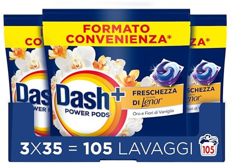 Dash Power Pods Detersivo Lavatrice In Capsule, 105 Lavaggi(3x35), Freschezza Di Lenor, Oro e Fiori di Vaniglia, Freschezza che dura 7 Giorni, Pulizia Impeccabile