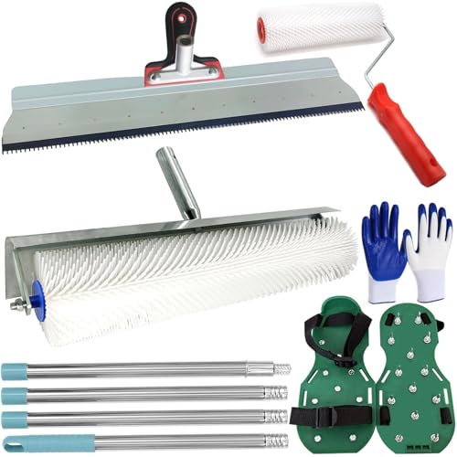 Self Leveling Tools Kit Spiked Roller 20 in 9 inch Epoxy Roller Spike Shoes for Concrete Epoxy Flooring Stainless Steel Notched Squeegee Rake Cement Floor Leveling Tools