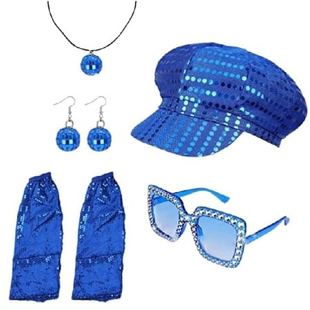 Mounteps 5 Stück 1970er Jahre Disco Accessoires Set für Damen Blau Abba Inspirierter Paillettenhut Beinstulpen Bling Sonnenbrille Ohrringe Halskette Ideal für Retro 70er Jahre Motto Party & Tanz