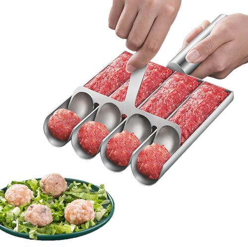 Wmzjnljy 1pc 4 Tubes Meatball Maker with Cutting Spatula Multifunctional Meatball Scoop Maker Creative Stainless Steel Kitchen for Quickly Shaping Cookies Fish Balls and Shrimp Bal(Z135-1)
