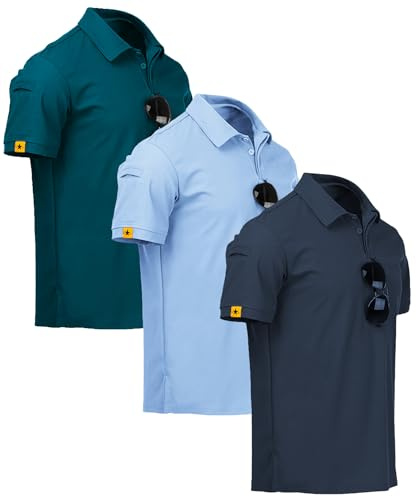 ZITY 3 Pack Polo Uomo Manica Corta Tshirt Traspirante ad Asciugatura Rapida Uomo Polo Estiva Camicia Sportiva Casual Camicia da Golf Regular Fit(L Blu Scuro Türkis Blu Luna)