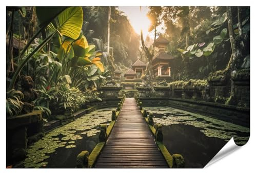 islandburner XXL Bild Poster Morgenlicht im Dschungeltempel mit Seerosen und Holzsteg in Bali Premium Bilder Fotodruck