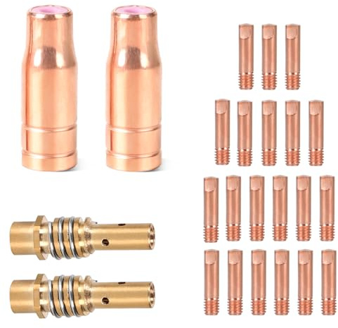 SWAWIS 24 Pièces de Desgaste pour Poste à Soudure MIG MAG Accessoires pour AK15/MB15 AK14/MB14 avec 2 Buses pour Fil Fourré, 20 Embouts de Contact, 2 Tubes Diffuseurs