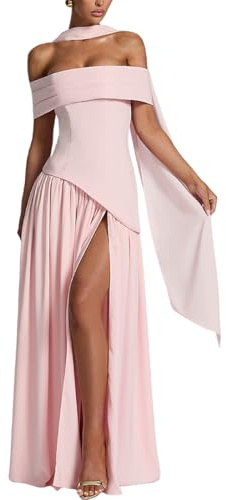 AOWVUTS Vestito Lungo Donna Elegante Maxi Abito Spalle Scoperte Sexy Abiti da Cerimonia Senza Schienale con Spacco Vestito da Sera Aderente Bodycon per Feste Cocktail Nozze Banchetto Matrimonio
