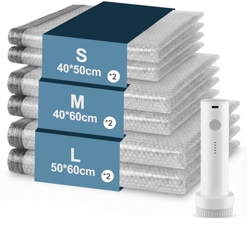 Sacs de Compression sous Vide 6 Pièces avec Pompe Électrique Sans Fil 2x40x50cm+ 2x40x60cm+ 2x50x60cm, Carehabi Housse de Rangement Aspirante pour Vêtements et Accueil Voyage, Gain de Place