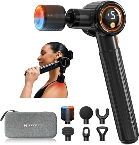 NAPRE Massage Gun with Heat and Cold,Massage Gun Deep Tissue with Extension Handle & 3 Adjustable Angles,Handheld Percussion Back Massager for Muscle/Neck/Body Pain Relief with Case, Black