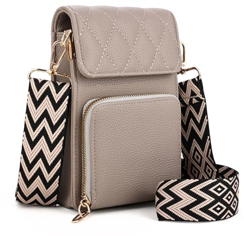 PARAURORA Small Crossbody Phone Bag Women, Vintage Quilted Shoulder Bag with Boho Wide Strap, Vegan Leather Mobile Phone Bag for Ladies