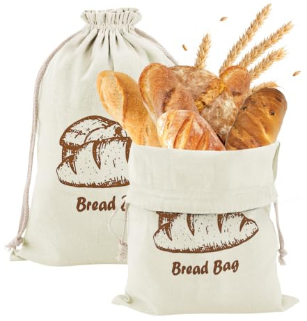 flintronic 2 Piezas Bolsa de Pan, 30x40CM, Bolsas para Pan Reutilizables con Cordón, Bolsas para Pan de Algodón, para Almacenar Pan y Diversos Productos de Panadería